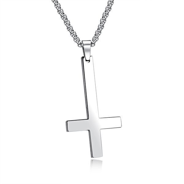 Glossy inverted cross pendant necklace in 18K gold plating, stainless steel religious jewelry available in gold, silver, and black finishes