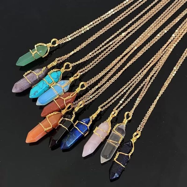 Gold Copper Wire Wrapped Natural Stone Healing Crystal Necklace with Hexagonal Amethyst and Pink Quartz Pendulum for Chakra Balance