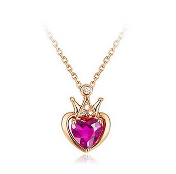 Gold necklace with crown-shaped red tourmaline pendant and heart design for women