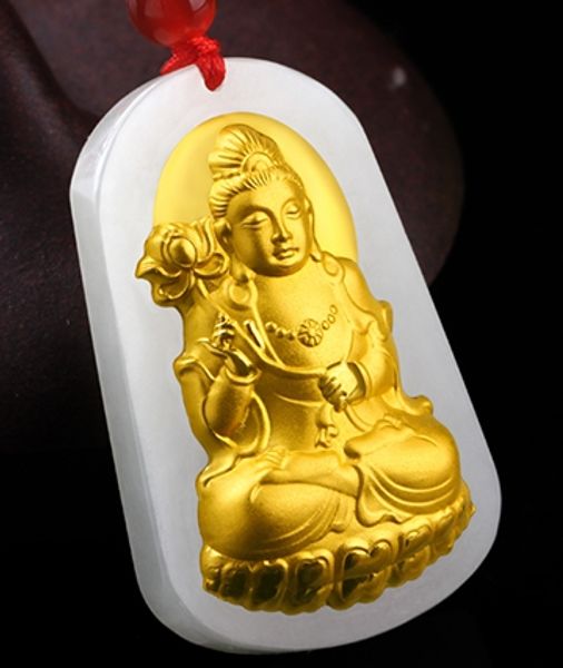 Gold-inlaid jade trend featuring a bodhisattva protector talisman necklace pendant