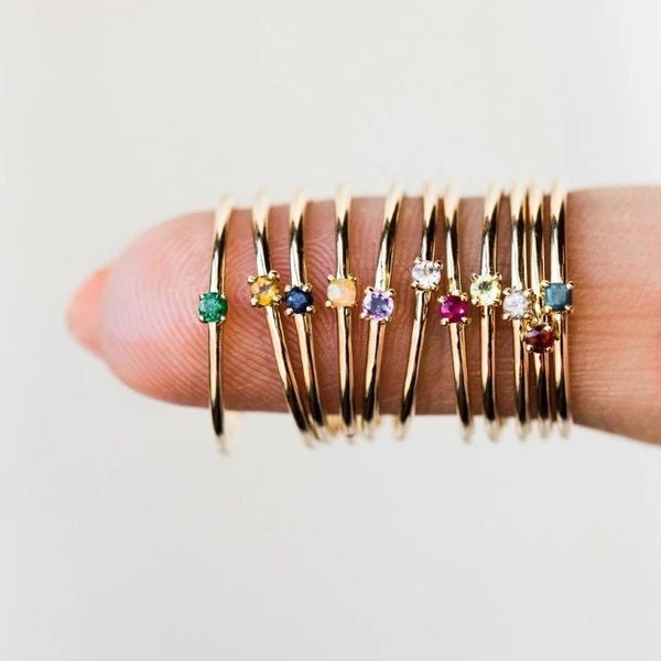 Gold-plated cluster rings with multicolor zircon stones, stackable for women, elegant thin wedding and engagement jewelry