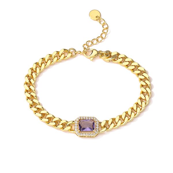 Gold-plated Cuban link bracelet with colorful square zircon charms, a perfect gift choice