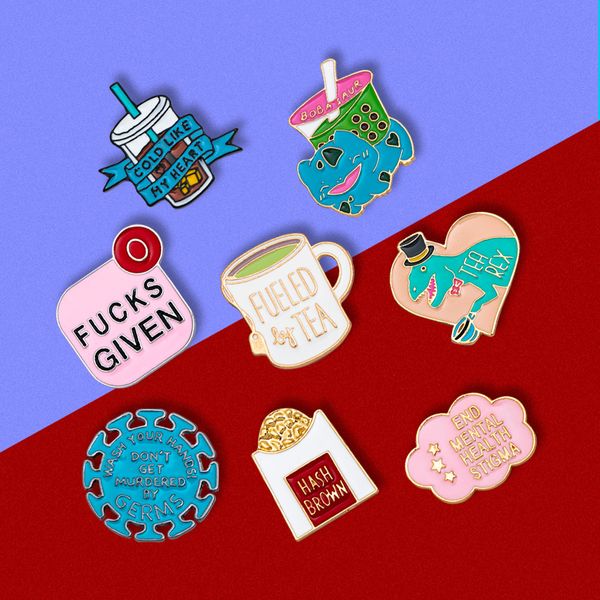 Gold-plated enamel pins featuring a Japanese cartoon food and drinks theme, including a Tyrannosaurus Rex design, in an 8-piece set