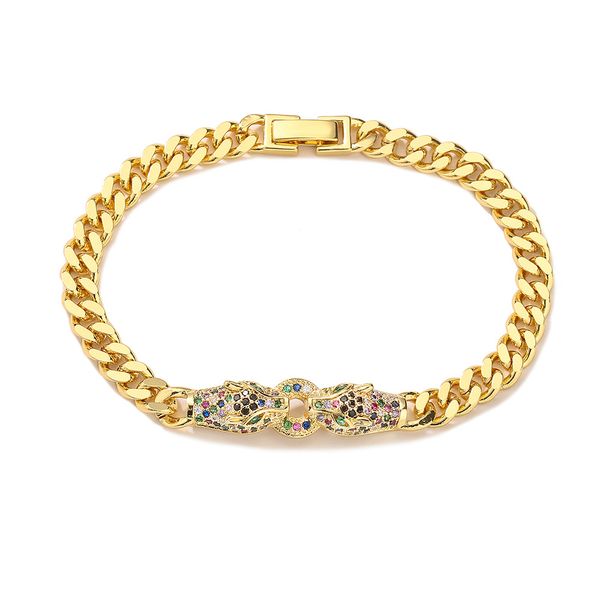 Gold-plated men's luxury hip hop bracelet featuring a micro pave leopard head design in Cuban link style