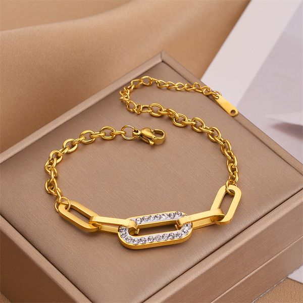 Gold-plated stainless steel oval charm bracelet with chain