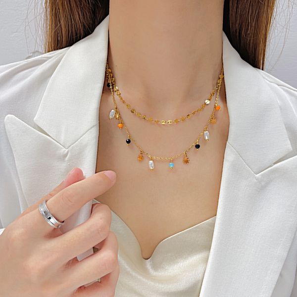 Gold-plated stainless steel women's necklace with layered pearl pendant