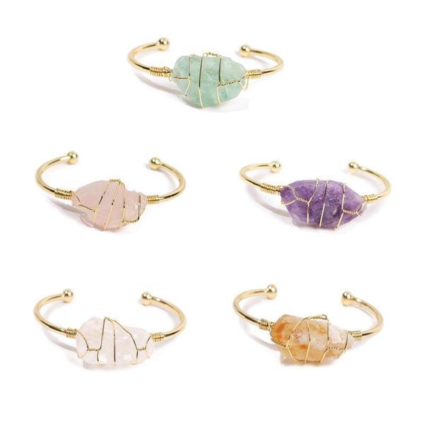 Gold-tone metal cuff bracelets with irregular wire-wrapped crystal quartz and natural stone accents, perfect as fashionable jewelry gifts for girls and women