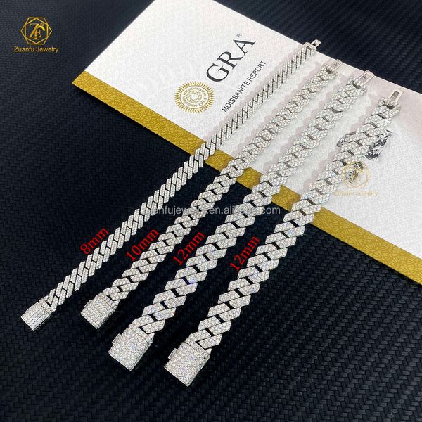 GRA certified diamond tester silver Cuban link chain with 2 rows of 925 solid moissanite diamonds, available in 8mm-20mm sizes as a jewelry set including necklaces for hiphop style
