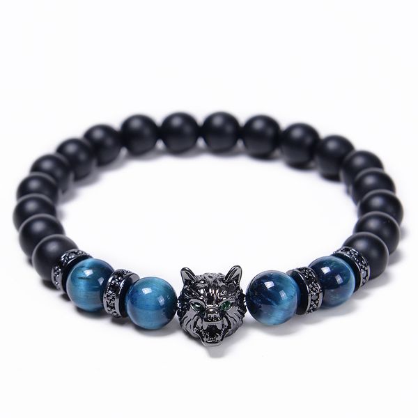 Gun metal plated wolf charm bracelet with tiger eye stone bead strands, a thoughtful gift