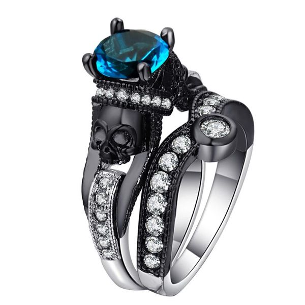 Hainon 2-piece skull ring set for men and women, featuring punk-style black/silver rings with round cubic zirconia clusters