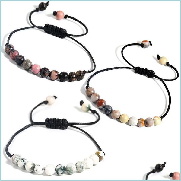Handcrafted 6mm natural stone bracelets with adjustable braided wax rope, perfect summer beach jewelry for women and men