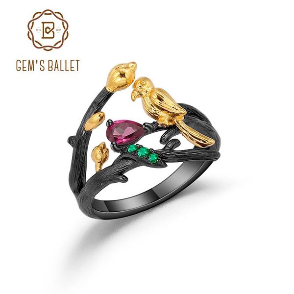 Handcrafted 925 sterling silver adjustable statement ring featuring natural rhodolite garnet flower buds and a bird design for women