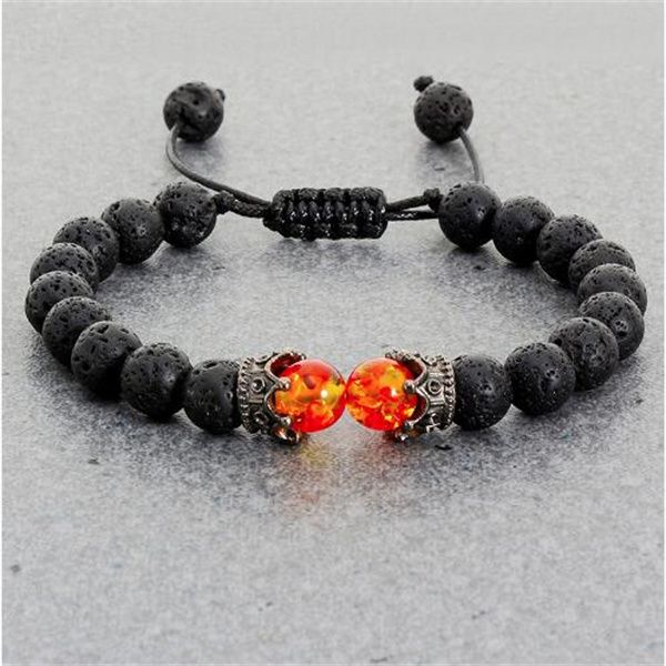 Handcrafted adjustable braided bracelet for men and women featuring black lava stone beaded crown charms and tiger eye beads