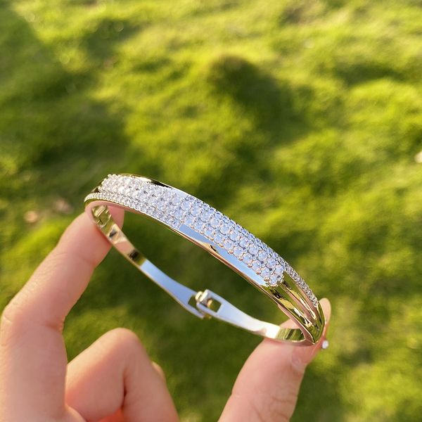Handcrafted bangle cuff with pave AAAAA zircon stones in white gold fill, perfect for women's parties, engagements, bridal, and wedding accessories