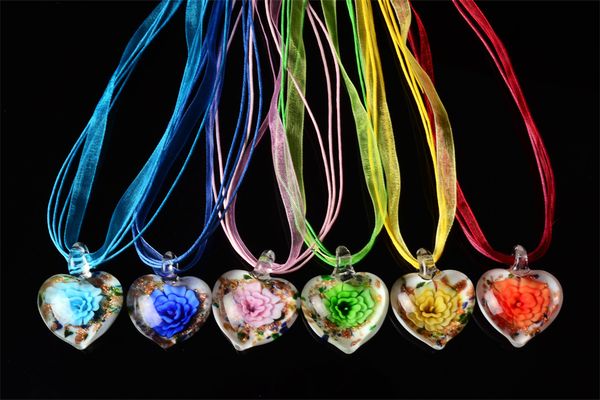 Handcrafted gold-dusted Murano glass necklaces with transparent floral pendants in mixed colors, set of 6
