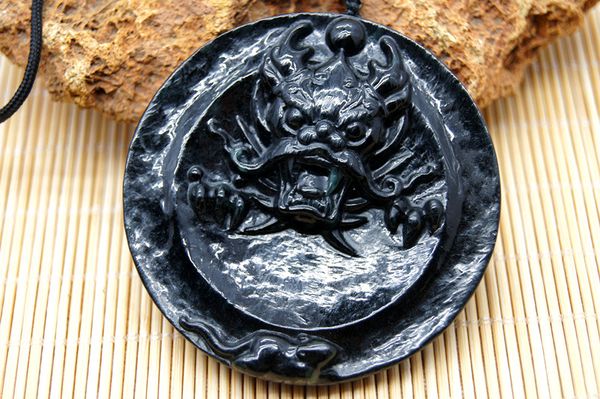 Handcrafted pure natural ink emerald dragon amulet pendant necklace (wangzi chan)