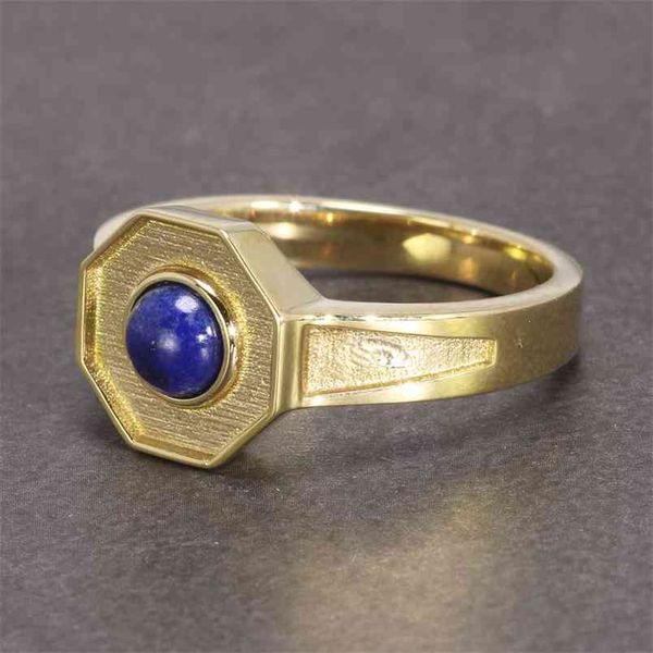 Handcrafted vintage men's rings featuring natural lapis lazuli stones in hexagonal copper design with pure gold finish, unique retro jewelry