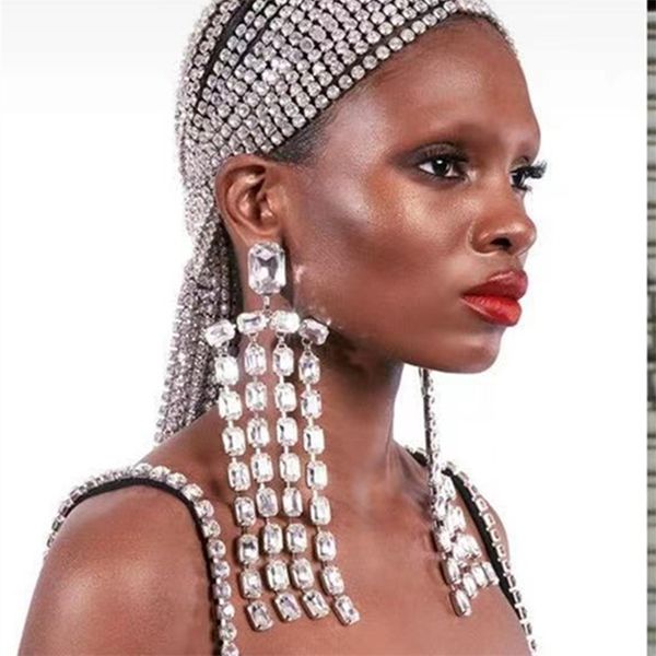 Handmade long fringed drop earrings for women, oversized crystal wedding jewelry
