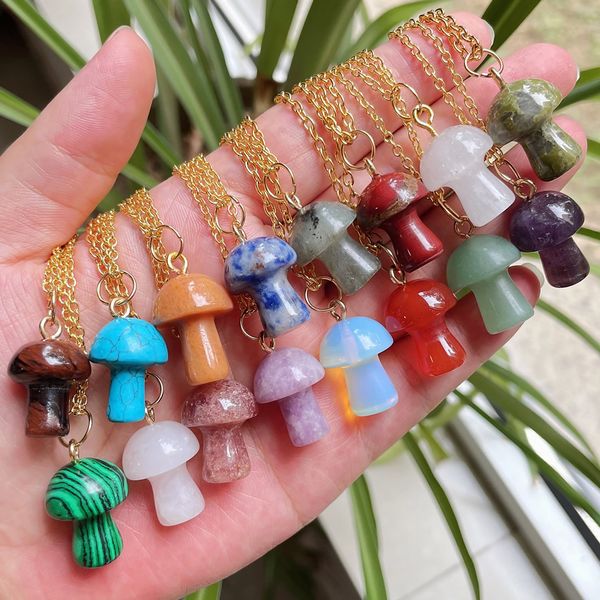 Healing Natural Crystal Pendant Necklace with Mushroom Charm featuring Amethyst, Opal and Rose Quartz - Stylish Women's Jewelry