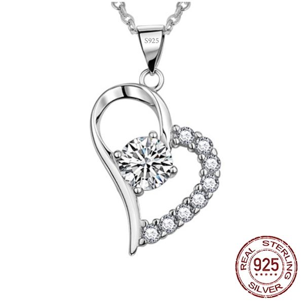 Heart-shaped 925 sterling silver pendant necklaces for women featuring 5A clear cubic zirconia, perfect for anniversaries and fine jewelry gifts, model D-122