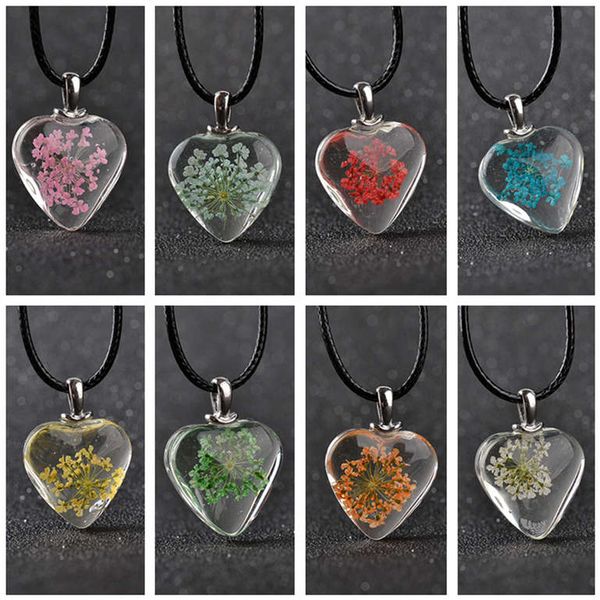 Heart-shaped glass necklace with dried flowers and chain, mixed pendant design GSFN624
