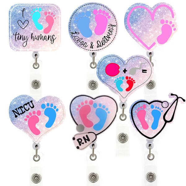 Heart-shaped medical badge reels with baby feet design for nurses and doctors