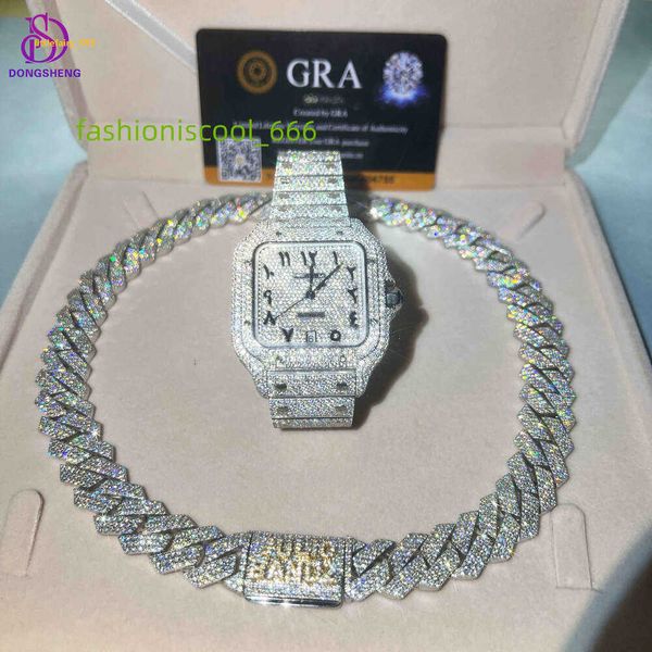 High-quality 925 sterling silver fashion necklace in 13mm, 14mm, or 15mm sizes, featuring a hip-hop-inspired iced-out VVS moissanite Cuban link chain