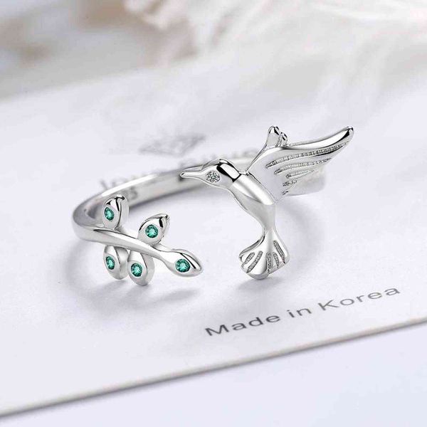 High-quality crystal zircon leaf and bird ring for women, simple adjustable opening design G1125