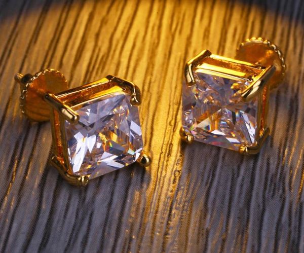 High-quality men's hip hop square stud earrings with simulated diamonds in gold and silver, featuring screw-back design