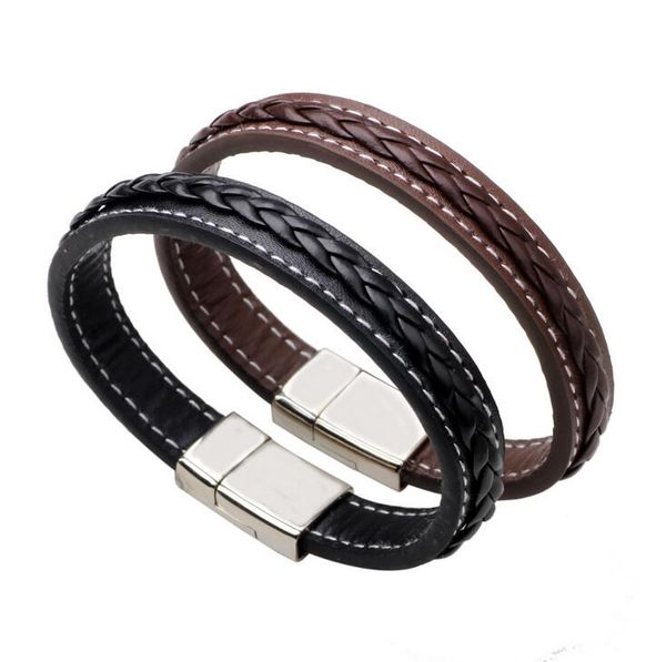 High-quality simple leather woven trendy classic punk titanium steel bracelet FB433 mixed order 20 pieces per lot Slap & Snap Bracelets