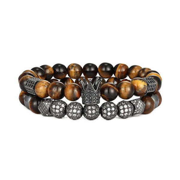 High-quality tiger eye bead strands with gold-plated copper crown charms, a stylish bracelet jewelry piece perfect as a men's gift