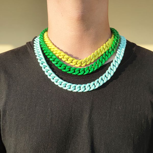 Hip Hop Colorful Stainless Steel Cuban Chain Necklace Spring Buckle Women Men Couple Jewelry