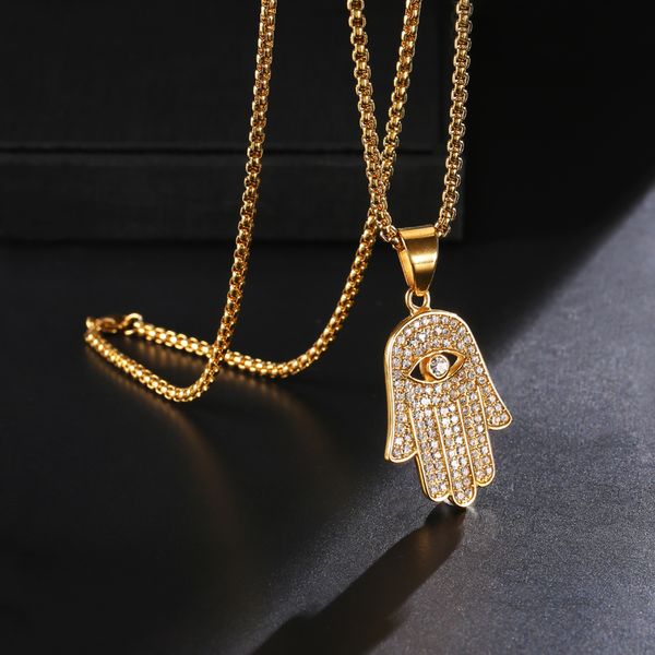 Hip hop gold stainless steel chain with Hamsa and Fatima pendant jewelry for men