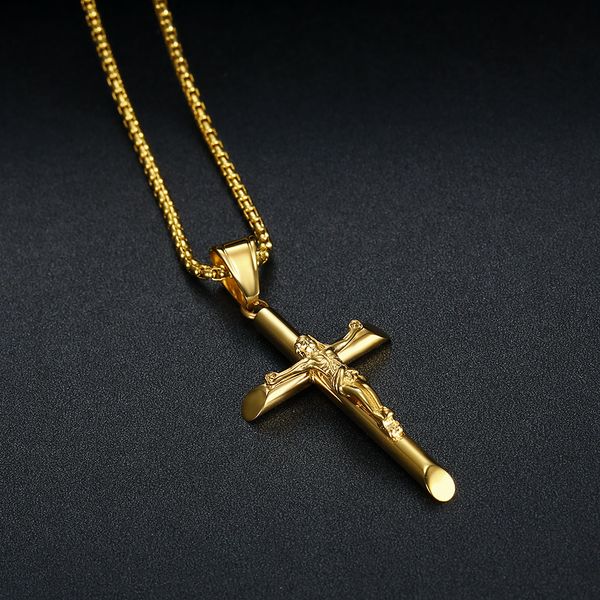 Hip Hop Jesus Cross Pendant Necklace in 18K Gold Plated Stainless Steel