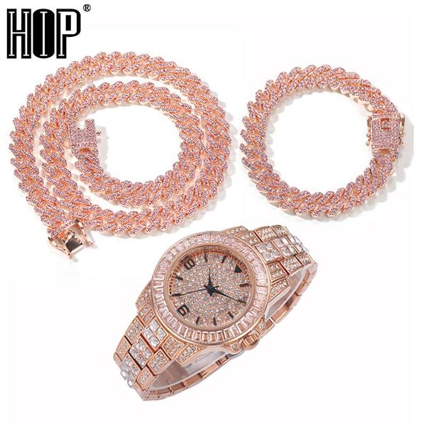 Hip Hop style 12MM Cuban chain with pink rhinestones, featuring matching bracelet and necklace set for men and women