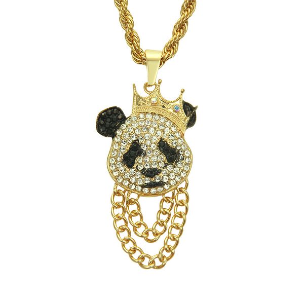 Hip hop style gold-plated necklace with diamond-encrusted panda charm and zircon accents, 75cm chain for nightlife fashion