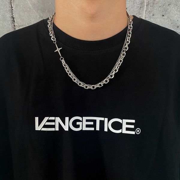 Hip hop style titanium steel necklace with diamond accents and cross stitch design, perfect for Korean couples