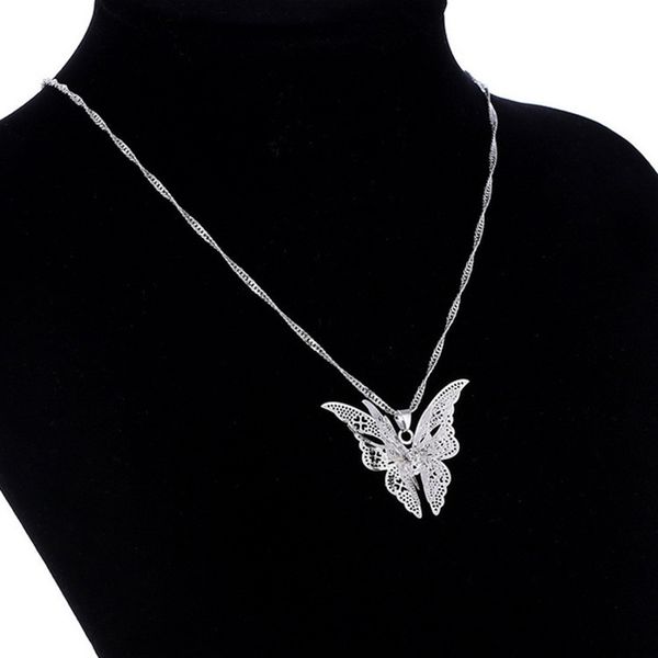 Hollow butterfly pendant necklace in 925 silver, featuring layered chains and animal charms for stylish women and girls