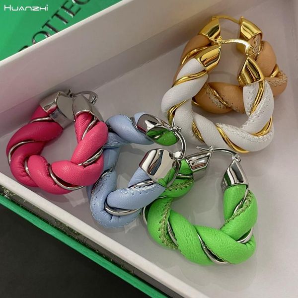 Hoop & Huggie HUANZHI 2021 Colorful Geometric Triangle Metal Leather Earrings for Women and Girls' Party Jewelry