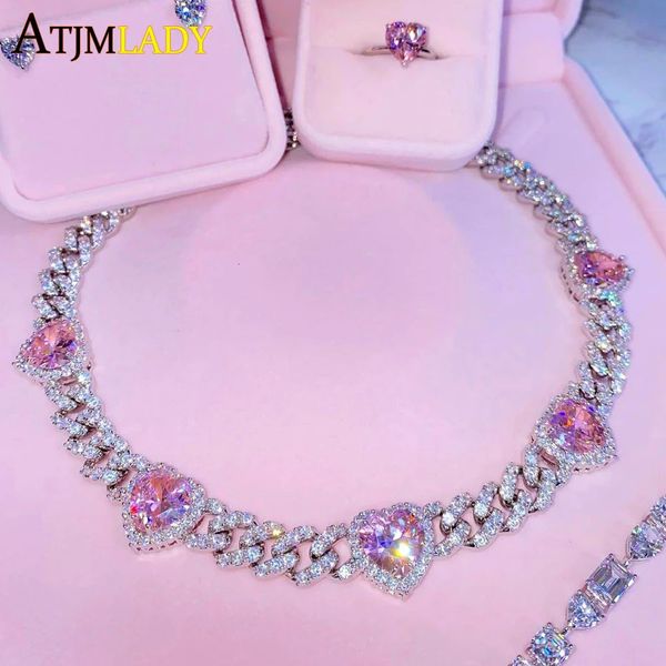 Iced Out Bling Cuban Link Chain with Pink Heart CZ Charm for Women