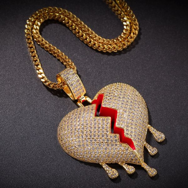 Iced Out Broken Heart Pendant Necklace for Men and Women, Trendy Hip Hop Jewelry in Gold and Silver Water Drop Design