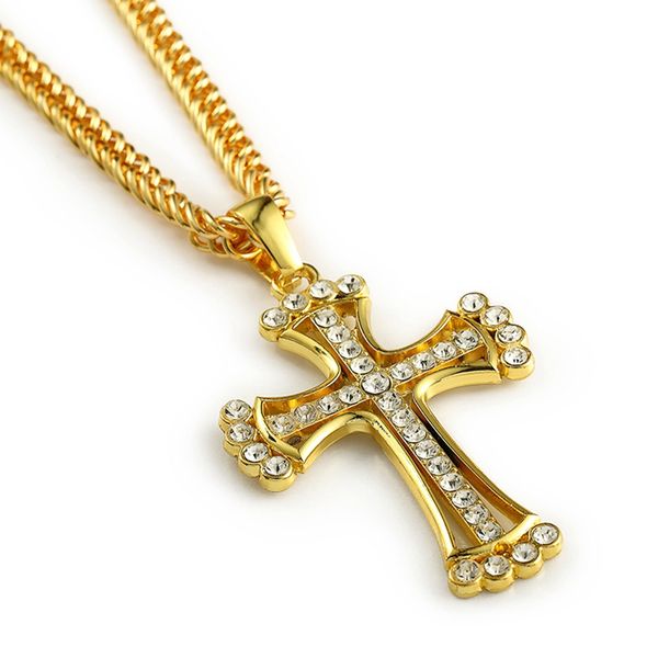 Iced Out Cross Pendant 18k Yellow Gold Filled Mens Crucifix Pendant Chain Necklace