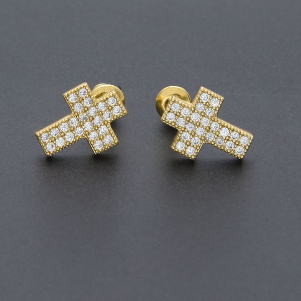 Iced-out cross earrings with micro-paved zirconia in 18k yellow gold filled, stylish unisex studs perfect as a gift