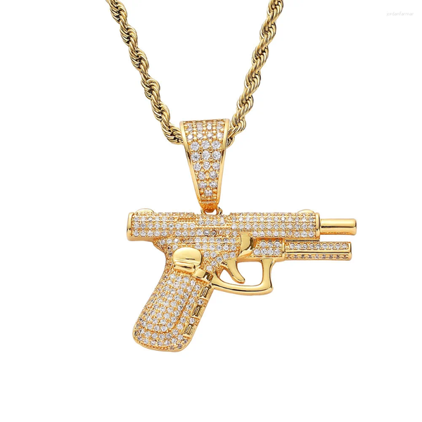 Iced-out cubic zirconia pistol pendant necklace for stylish hip-hop men's jewelry