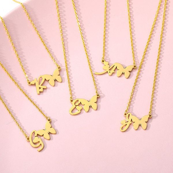 Initial Letters Butterfly Necklace for Women Stainless Steel A-Z Letter Choker Butterfly Pendant Necklaces Birthday Statement Jewelry Gift