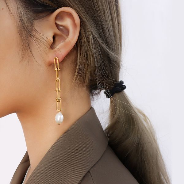 Ins Light Luxury Chain Freshwater Pearl Tassel Earrings for Autumn and Winter