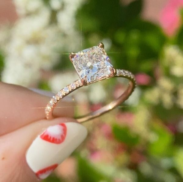 Ins Top Sell Luxury Jewelry Real 925 Sterling Silver Cushion Shape White Topaz CZ Diamond Gemstones Eternity Women Wedding Bridal Ring Gift