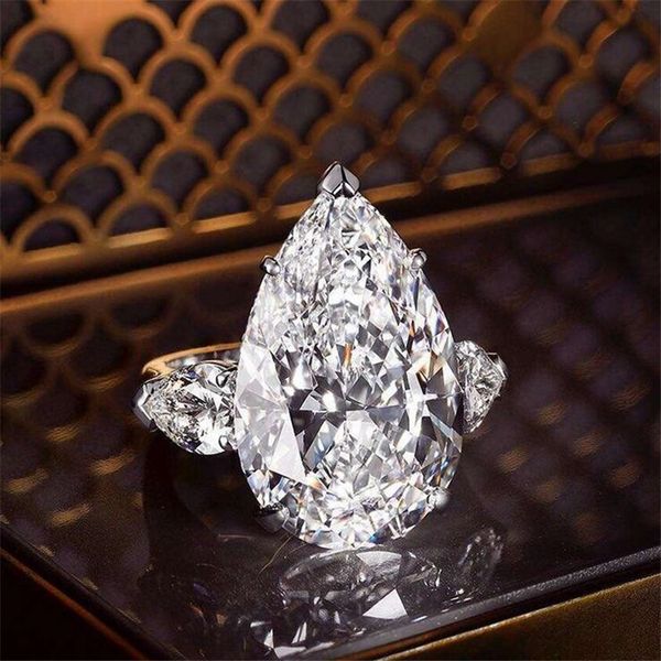 Ins Top Sell Sparkling Large Diamond Ring Luxury Jewelry 925 Sterling Silver Water Drop White Topaz Gemstones Women Wedding Band Ring Gift