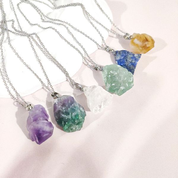 Irregular Natural Raw Stone Necklace Fluorite Amethysts Pendant Necklace Reiki Energy Necklace for Women Jewelry