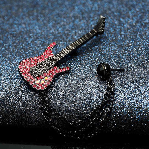Japan and South Korea stylish men's brooch accessories featuring a creative guitar design with red pin and diamond inlays for students and women